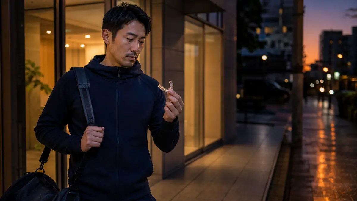 恵比寿のジム帰りにスポーツマウスガードを検討するビジネスパーソン