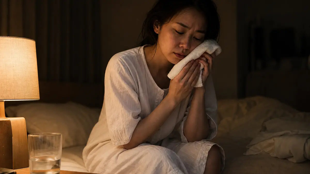 夜間歯痛の応急処置として頬を冷やす様子